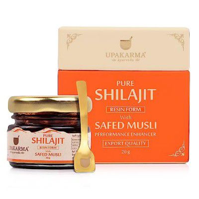 UPAKARMA Ayurveda 100% Ayurvedic, Original & Pure Shilajit/Shilajeet Resin Form with Safed Musli to Boost Performance, Power, Stamina, Endurance, Strength and Overall Wellbeing For Men and Women - 20g