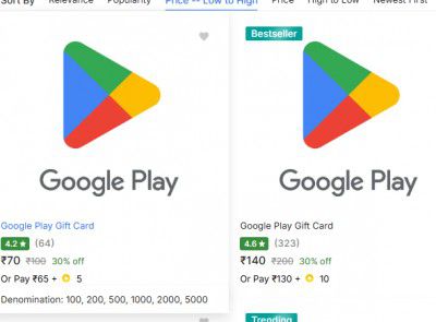 Flipkart : UP TO 30% OFF ON Google Play Gift Card