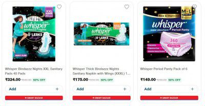 Jiomart | Whisper Sanitary - Upto 77% Off