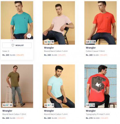 Myntra : UPTO 87% OFF - Wrangler Mens T-Shirts Start at Rs 293