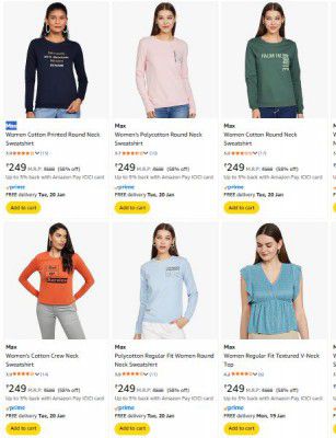 Amazon: Upto 72% OFF On Max Sweatshirts For Womens | Starts At ₹249