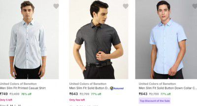 Upto 80% OFF ON United Colors of Benetton Casual Shirts, For Men's | Starts at Rs 300