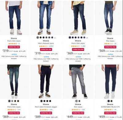 Upto 86% off on Diverse Men's Jeans starting at Rs.366