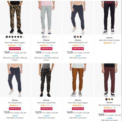 Upto 82% off on Diverse Men's Pants starting at Rs.369