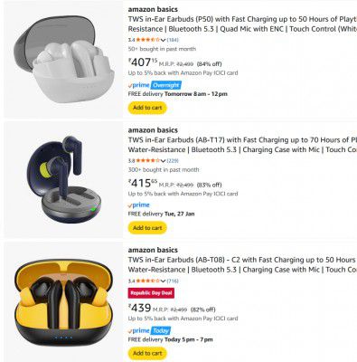 UP TO 86% OFF - Amazon basics Earbuds Start At Rs 230