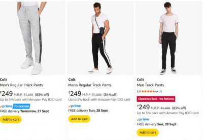 Amzon: Upto 84% OFF On Colt Men's Regular Track Pants with zipper | Starts At ₹249