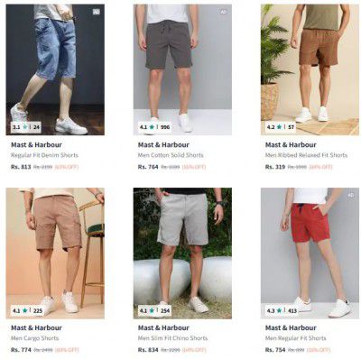 Myntra: Upto 86% OFF | Mast And Harbour Shorts For Mens | Starts At Rs.299