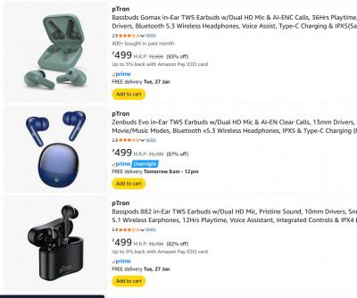 Upto 87% Off On pTron Earbuds | Start At Rs 499