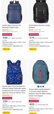 UPTO 93% OFF on Amazon Basics Backpack Starts at Rs 163