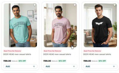 Jiomart Loot: Upto 93% OFF Deer Head  T-Shirts, Mens |  Add 2 Qty At ₹150