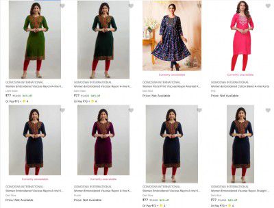 Flipkart : Upto 94% OFF On Gomoswa International Womens Kurtas | Starts At Rs 77