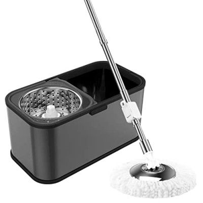Upyogh Spin Mop with Bucket, Stainless Steel Body with SS Wringer Basket and 2 Microfiber Refills – Floor Mopping (Black)