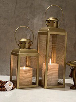Urban Born Set of 2 Iron Lantern and Candle Tealight Holder for Home Decor Items | Candle Holders for Home Decor *Free 2 LED String Lights* (Pack of 2) (Gold)