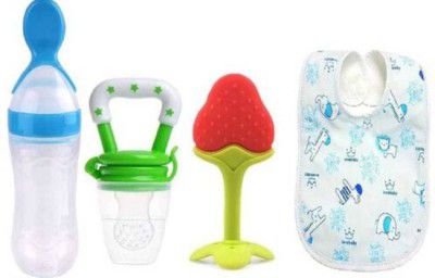URBAN CUBE combo of baby teether with fruit nibbler + spoon feeder + baby bib Teether  (Multicolor)