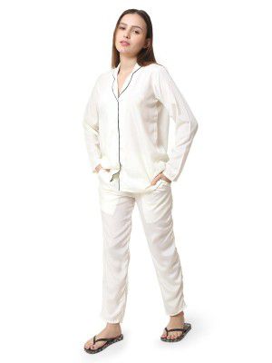 Urban Komfort Satin Silk Pajama Set for Women Long (White, XX-Large)
