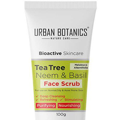 UrbanBotanics Tea Tree, Neem & Basil Face Scrub For Women & Men - Deep Cleansing, Tan Removal, Glowing Skin - 100g