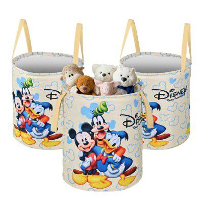 Urbane Home Pack of 3 Foldable 45L Toys Organizer for Kids Room - Soft Toys Storage Bag/Basket/Container with Handles | Disney Print - Cream
