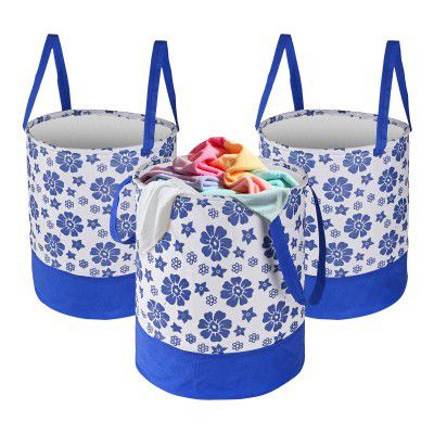 Urbane Home Pack of 3 Foldable Dirty Clothes 45L Laundry Basket With Handles | Flower Print -Blue & White