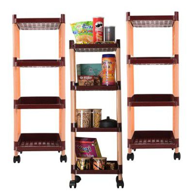 Urbane Home Pack of 3 Storage Rack with Wheels | 4-Layer Storage Organizer Rack | Multipurpose Layer Storage Rack for Home & office | Office Storage Trolley | Kitchen Spice Rack | Brown