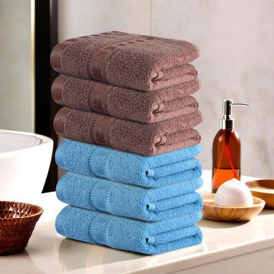 Urbane Home Pack of 6 Cotton Hand/Face Towels - Sky Blue & Brown