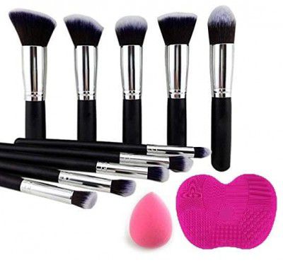 URBANMAC Premium Synthetic Kabuki Foundation Face Powder Blush Eyeshadow Brush Makeup Brush Kit (10 pcs, Black/Silver)