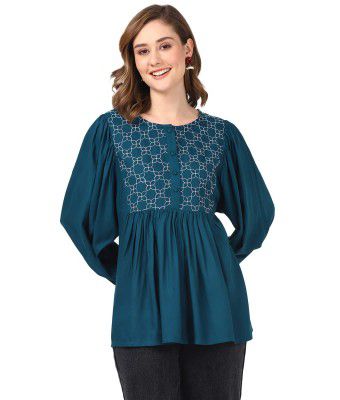 UrbanMark Women Solid Embroidered Peplum Top with Puff Sleeves- Green