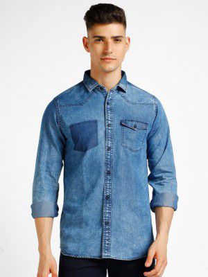 Urbano Fashion Slim Fit Faded Opaque Faded Denim Casual Shirt
