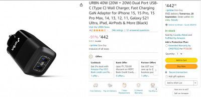 URBN 40W (20W + 20W) Dual Port USB-C (Type C) Wall Charger, Fast Charging GaN Adapter for iPhone 15, 15 Pro, 15 Pro Max, 14, 13, 12, 11, Galaxy S21 Ultra, iPad, AirPods & More (Black)