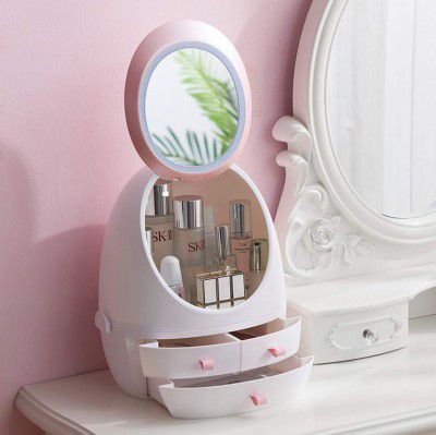 USB Rechargeable Makeup Organizer Cosmetic Storage Box Jewelry Drawer Waterproof Portable Dustproof Mirror LED Container Light (With LED lights)