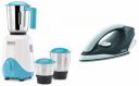 USHA RapidMix 500-Watt Copper Motor Mixer Grinder with 3 Jars (Sea Green/White) & Aurora 1000 W Dry Iron With Innovative Tail Light Indicator, Weilburger Soleplate (Black)...