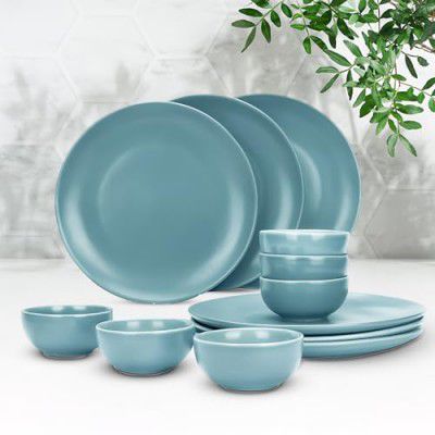 USHA SHRIRAM Ceramic Dinner Set (12 Pcs) | Microwave Safe Dinner Plates and Bowls Sets Cookware for Couple Men Women (Blue)