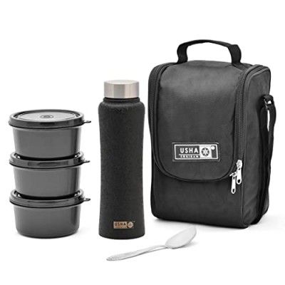 USHA SHRIRAM Lunch Box with Bottle (750ml)|3 Stackable Steel Containers with Fabric Bag, 1 Steel Water Bottle Cutlery