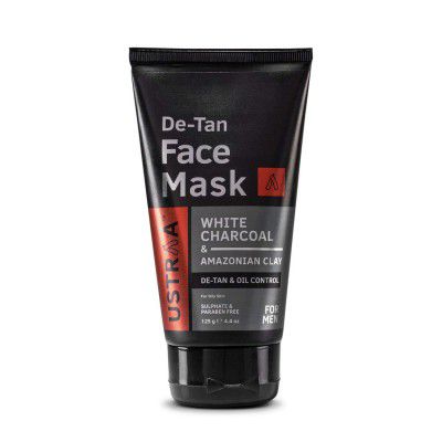 Ustraa De-Tan Face Mask - Oily Skin - 125 g - Tan & Pollution removing wash-off face mask for men, with highest grade White Charcoal, Cleansing for oily skin - Made in India