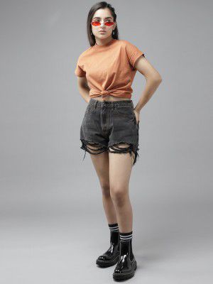 UTH by Roadster Girls Rust Orange Solid Cotton Extended Sleeves T-shirt