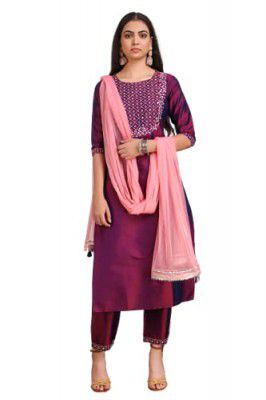 V TRADITION Womens Art Silk Kurta with Palazzo & Dupatta Set