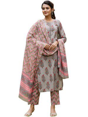 Vaamsi Women's Cotton Blend Floral Block Printed Straight Kurta Pant With Dupatta (VKSKD1134)