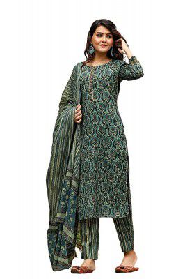 Vaamsi Womens Cotton Printed Kurta Pant Dupatta Set (VKSKD1171_Green)