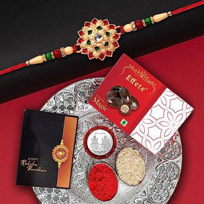Vacalvers Multicolor Bracelet/Rakhi for Brother, Bhaiya, Bhabhi, Chocolate Peanuts 32gm & Pooja Thali, Rakhi with Card and Chocolate,Chocolate Gift Pack,Bracelet for Men (K1_E6_P32+DS)