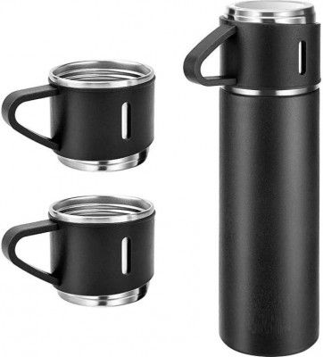 Vacuum Insulated Flask set 3Cup set for Hot & Cold Drink (Giftset Black) 500 ml Flask (Pack of 1, Black, Steel)
