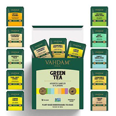 VAHDAM, Green Tea Bag Sampler - 10 Flavors, 1 Tea Bag Each | Tea Variety Pack - Gluten Free, Pure Ingredients | Pure Assorted Green Tea Gift Sets | Improves Metabolism