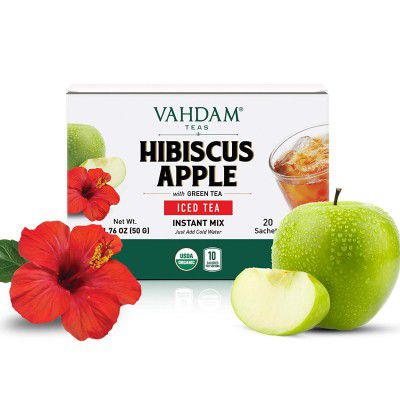 VAHDAM, Hibiscus Apple Iced Tea Premix - 20 Sachets | 100% Organic Himalayan Green Tea | No Artificial Ingredients | ICED Green Tea or Kombucha Tea