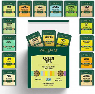 VAHDAM Organic Green Tea Bags - 15 Units