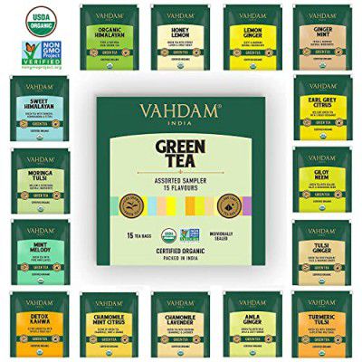 VAHDAM - Organic Green Tea Sampler Trial Pack | 15 Assorted Green Tea Bags | USDA Certified Organic Green Tea