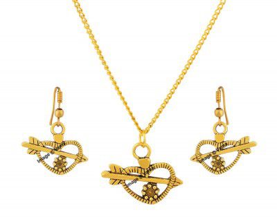 VAMA FASHIONS Antique Gold Oxidised Chain Pendant Earing Set