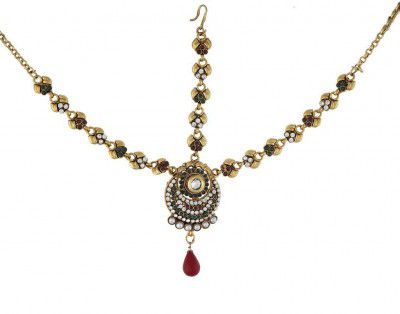 Vama Fashions Gold Plated Mangtika Green Stone Matha Patti Maang Tikka Borla Damini For Women Wedding