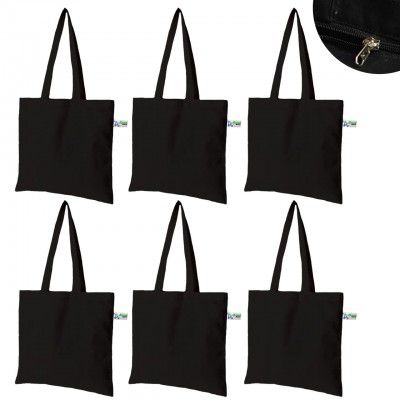 VantageKart Black Cotton Plain Tote Shopping Bags with Zip | Extra Strong 13" Handle | Hold 35 lbs - Set of 6