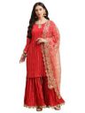 Varanga Women Red Gold Lurex Striped Straight Kurta Sharara Set with Net Gota Embellished Dupatta....