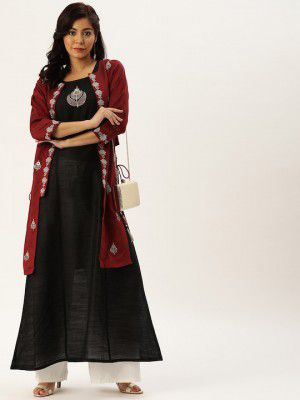 Varanga Women Black & Maroon Embellished Thread Work Kurta With Jacket