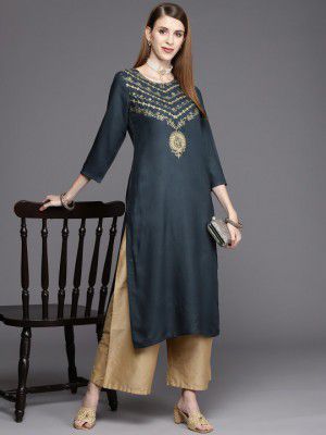 VarangaWomen Navy Blue & Gold-Toned Ethnic Motifs Yoke Design Indigo Kurta