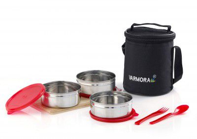 Varmora SS (Stainless Steel) Trio Steel Lunch Box (Tiffine) 390ml x3 SS Container